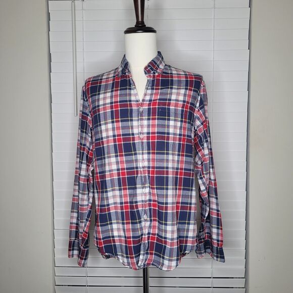 J Crew Madras Plaid Preppy Patriotic Button Down Long Sleeve‎ Shirt Large - Picture 1 of 6